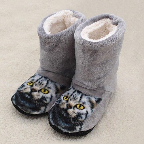Cute Cat Print Plush Indoor Boots