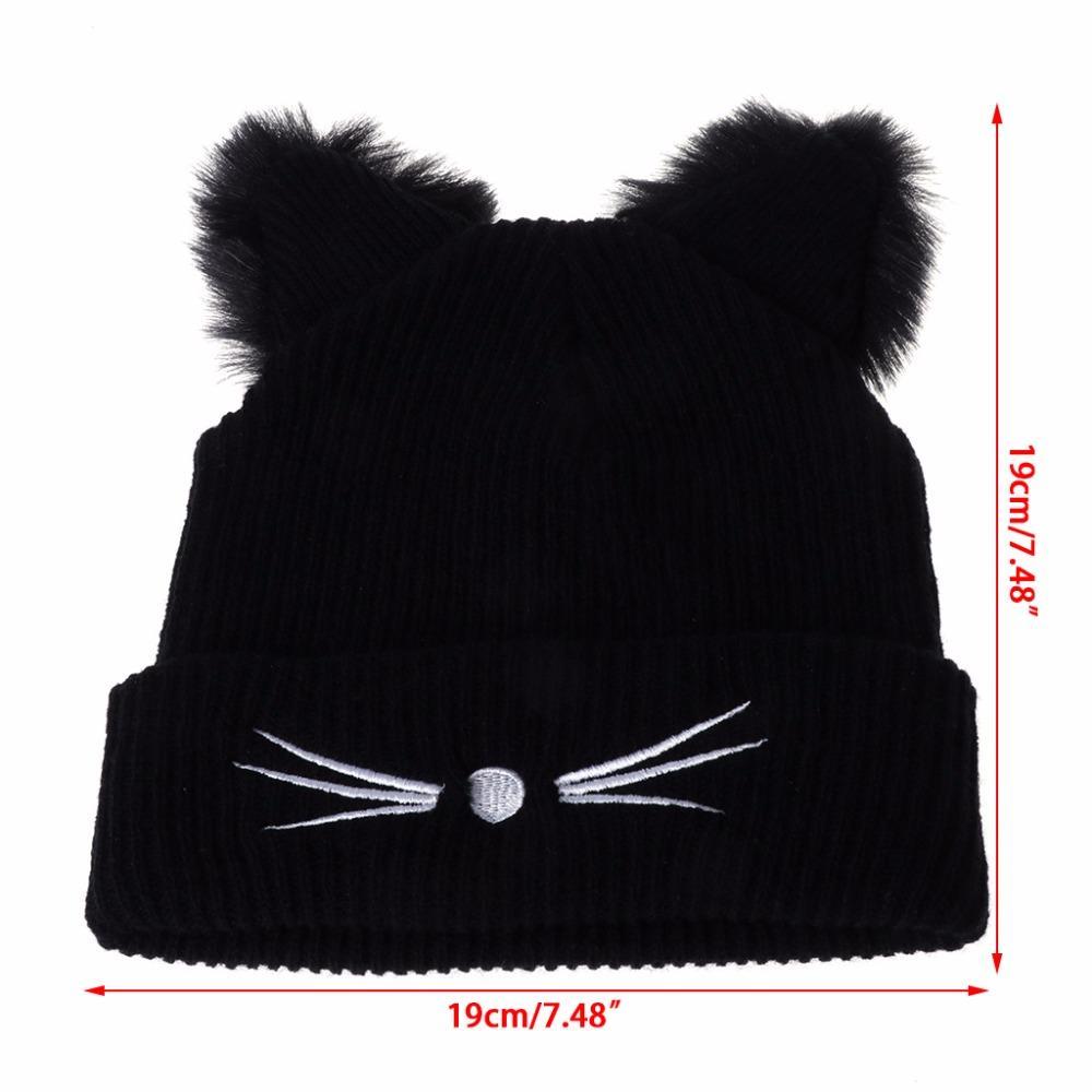 Fluffy Cat Ears Women Hat Knitted Warm Winter Beanie