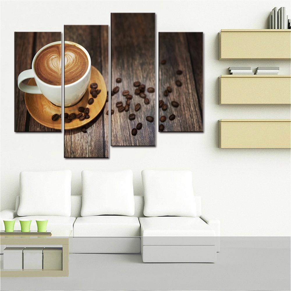 4 Panel Wall Decor Coffee with Heart Shape