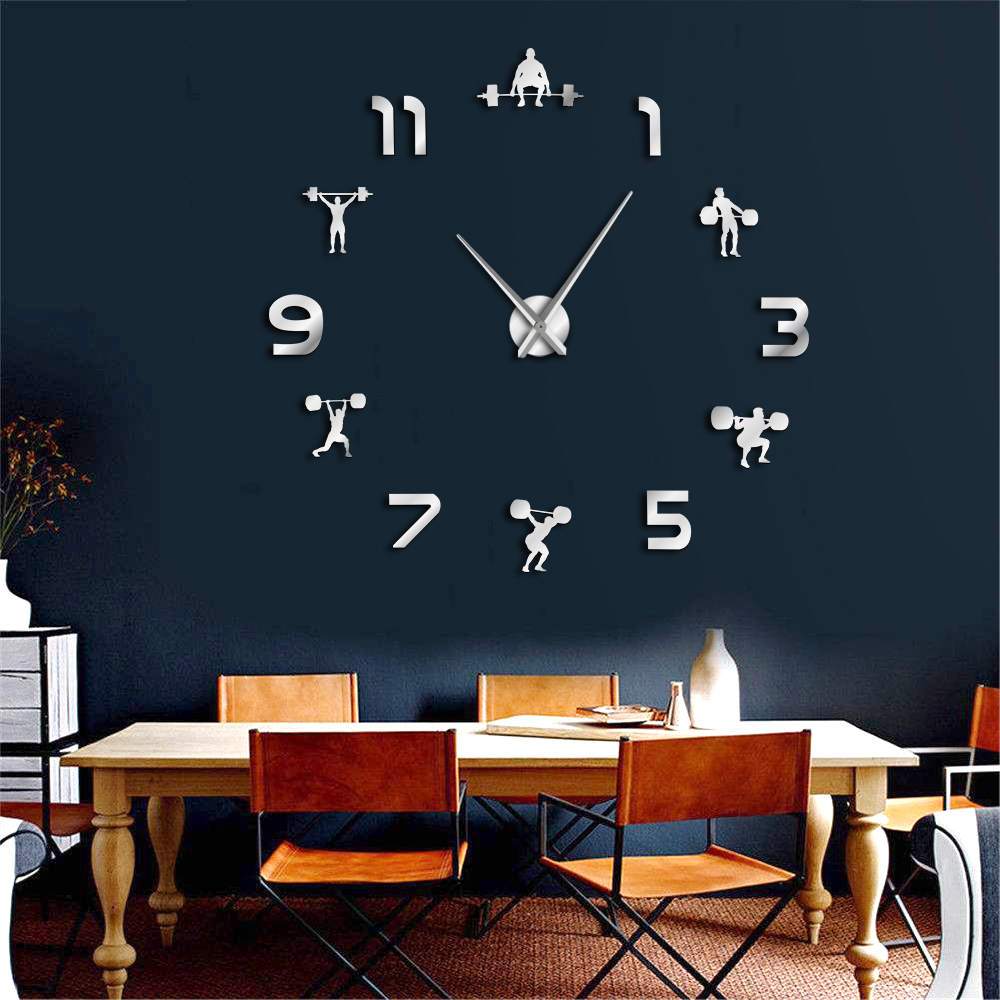 Weightlifting Fitness Room Wall Decor DIY Giant Wall Clock Mirror Effect Powerlifting Frameless
